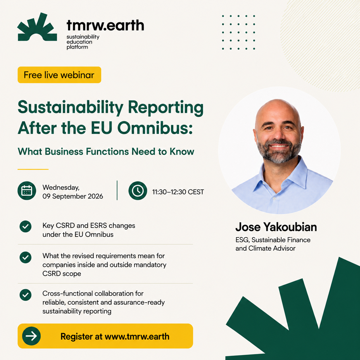 Sustainability Reporting After the EU Omnibus webinar with Jose Yakoubian — 09 September 2026, 11:30–12:30 CEST